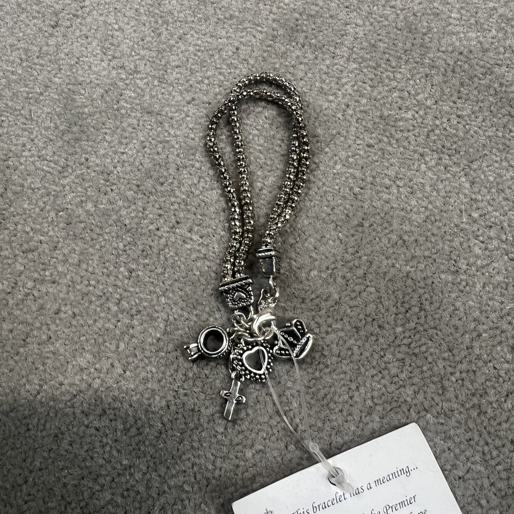 Premier Designs Y2K Religious Charm Bracelet OS Silver Popcorn Chain Cross Heart - Picture 1 of 4